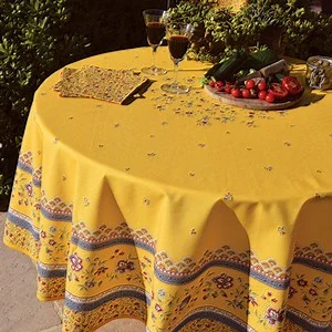 Stof ubrus kulatý žlutý s modrou bordurou s květy